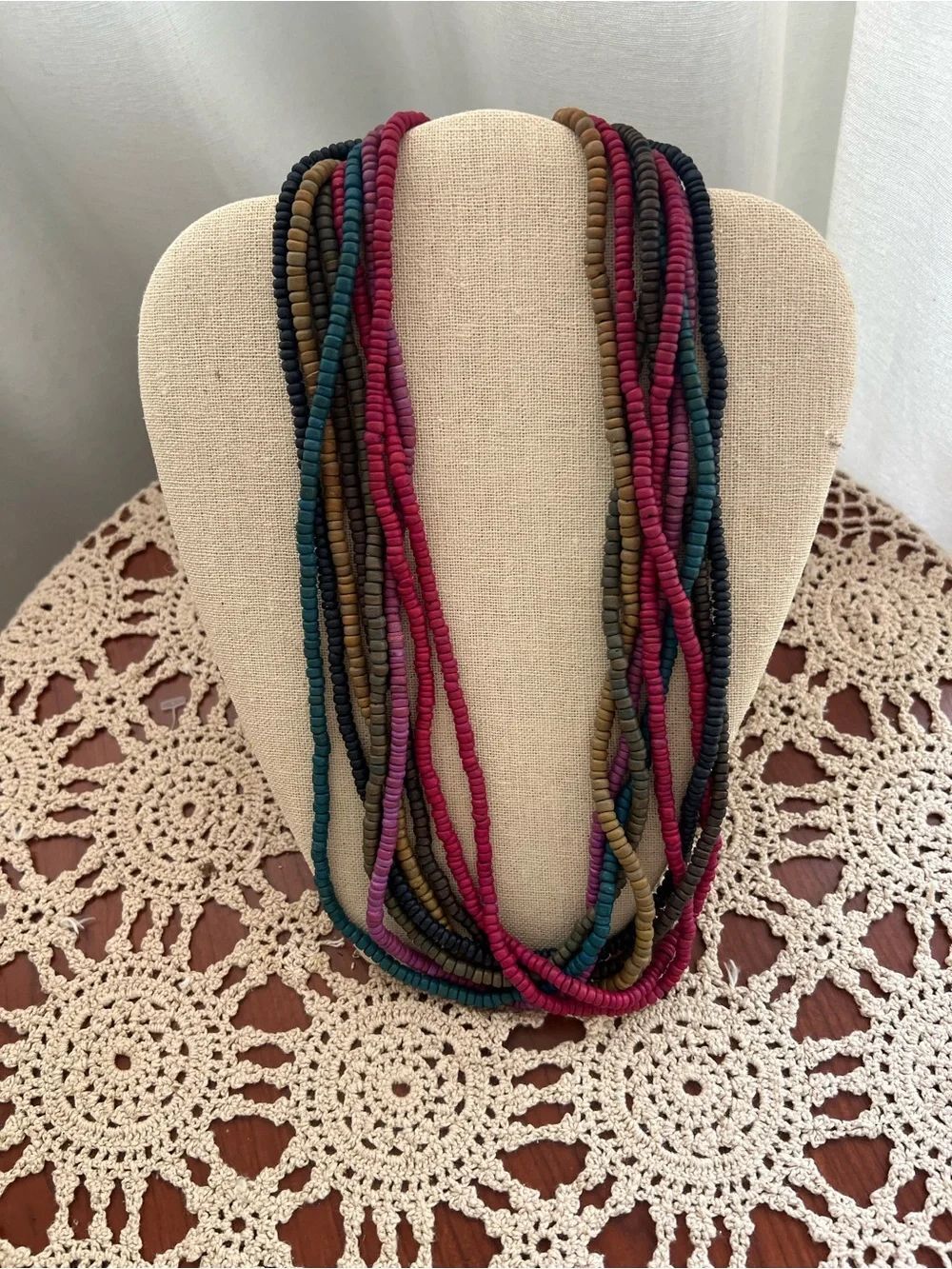 LayeredāWood Bead Statement Necklace Boho Tribal Colorful Artisan Festival